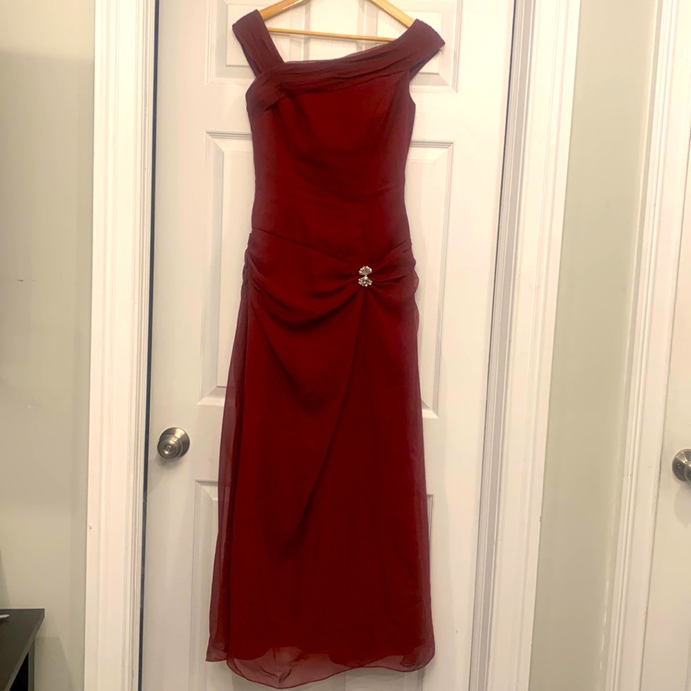 Burgundy off the shoulder formal gown